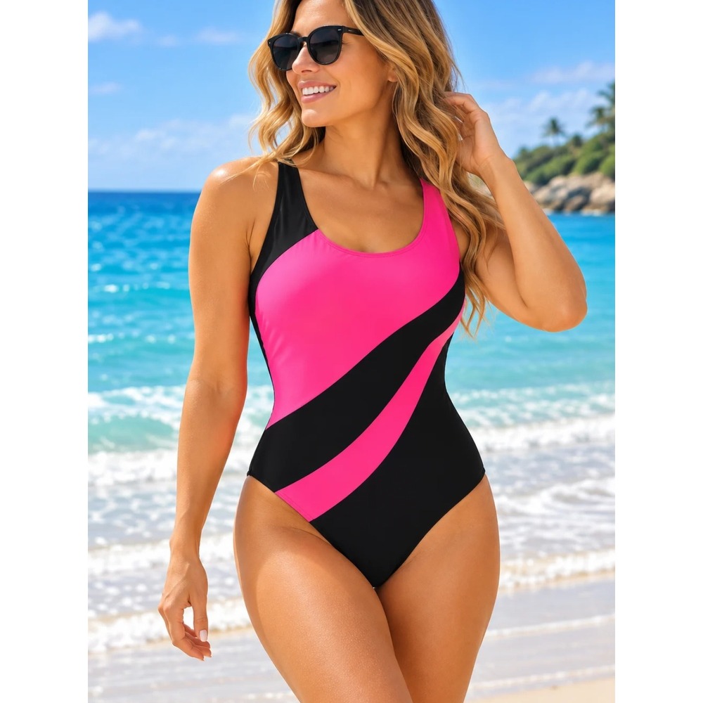 Womens Colorblock One Piece Swimsuit Black Pink Striped Scoop Neck Padded M NWT